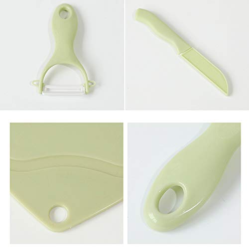 Juego de cuchillo y pelador de cerámica – Cuchillo pequeño y pelador de cocina premium para frutas y verduras, incluye cuchillo de cerámica, pelar a los hilos, tabla de cortar (verde)