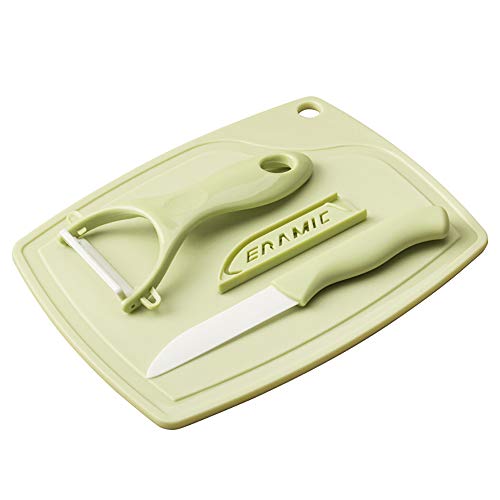 Juego de cuchillo y pelador de cerámica – Cuchillo pequeño y pelador de cocina premium para frutas y verduras, incluye cuchillo de cerámica, pelar a los hilos, tabla de cortar (verde)