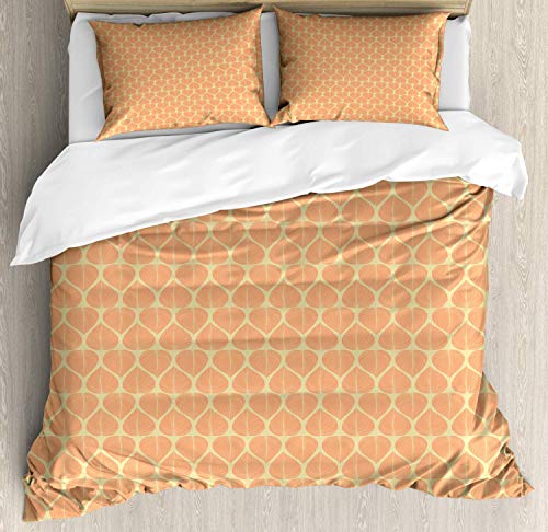 Juego de funda nórdica de hojas, hojas abstractas simétricas con líneas Gráfico de patrón de tema de otoño, juego de cama decorativo de 3 piezas con 2 fundas de almohada, salmón pálido mostaza
