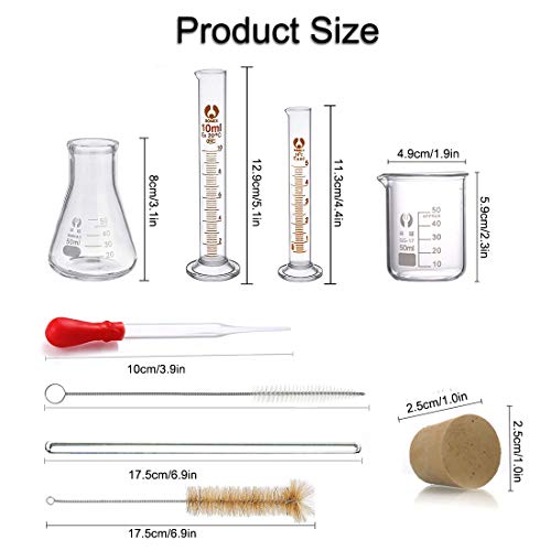 Juego de Matraz Erlenmeyer, JESSTOLO 50ml Matraces, 50ml Vídrio Graduado, 10ml/5ml Cilindros de Medición, con 3 Pipetas de Vidrio, 2 Cepillos de Limpieza y 2 Varillas de Agitación de Vidrio