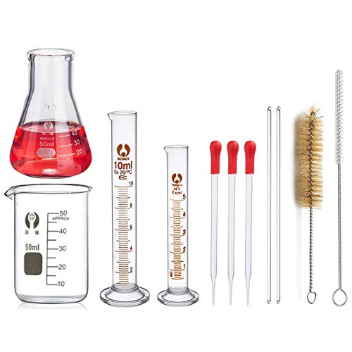 Juego de Matraz Erlenmeyer, JESSTOLO 50ml Matraces, 50ml Vídrio Graduado, 10ml/5ml Cilindros de Medición, con 3 Pipetas de Vidrio, 2 Cepillos de Limpieza y 2 Varillas de Agitación de Vidrio