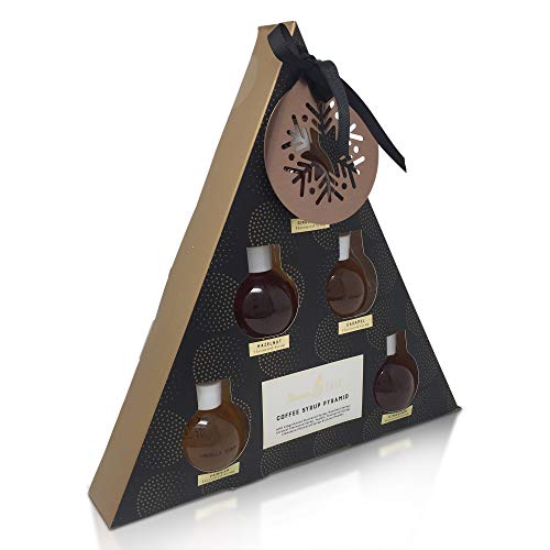 Juego de regalo de pirámide de jarabe de café con adornos de árbol - 5 sabores, pan de jengibre, avellana, caramelo, vainilla y canela y