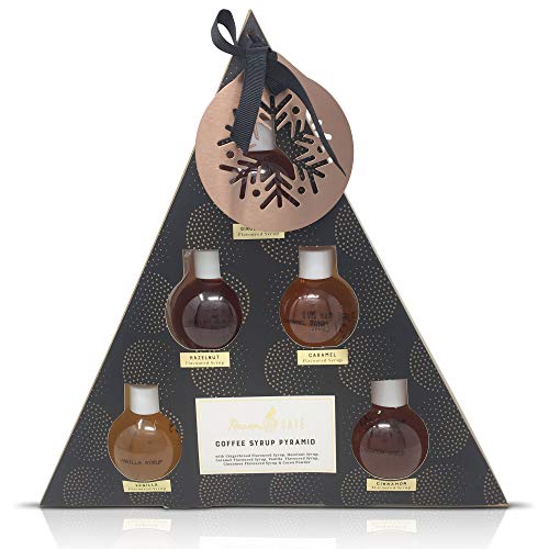 Juego de regalo de pirámide de jarabe de café con adornos de árbol - 5 sabores, pan de jengibre, avellana, caramelo, vainilla y canela y