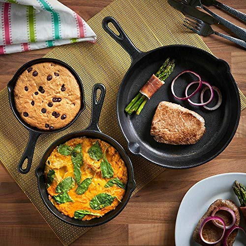 Juego de sartenes de hierro fundido de 3 piezas – El mejor servicio profesional de restaurante de calidad de cocinero pretemporada, juego de sartenes de 25,4 cm, 20,3 cm, 15,2 cm