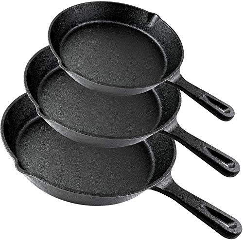 Juego de sartenes de hierro fundido de 3 piezas – El mejor servicio profesional de restaurante de calidad de cocinero pretemporada, juego de sartenes de 25,4 cm, 20,3 cm, 15,2 cm