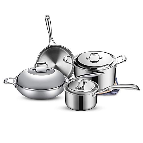 Juego de sartenes y sartenes profesional, juego de ollas y tazones de acero inoxidable 304, apto para cocina de inducción, estufa de gas, cocina familiar o restaurante