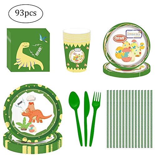 Juego de suministros para fiestas de dinosaurios, vajilla desechable de dinosaurios de 93 piezas