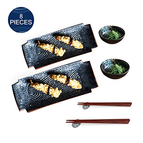 Juego de sushi de porcelana, platos de servir rectangulares japoneses para postre, ensalada de aperitivos, 2 juegos de platos de cerámica para sushi con platos de salsa y palillos chinos. 12''