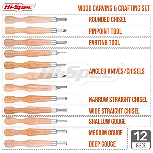 Juego de talla y elaboración de figuras en madera Hi-Spec de 12 piezas para tallado de virutas, figuras en relieve y tallado de piezas. Ideal para manualidades y para los aficionados al bricolaje