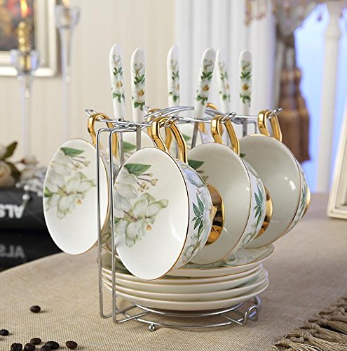 Juego de tazas de café y té con plato de porcelana china, color camelia, blanco y verde, Porcelana de ceniza de hueso, 6 Pcs with Gift Box,Coffee Cups, White&Green 6 Pcs