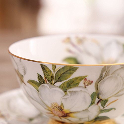 Juego de tazas de café y té con plato de porcelana china, color camelia, blanco y verde, Porcelana de ceniza de hueso, 6 Pcs with Gift Box,Coffee Cups, White&Green 6 Pcs