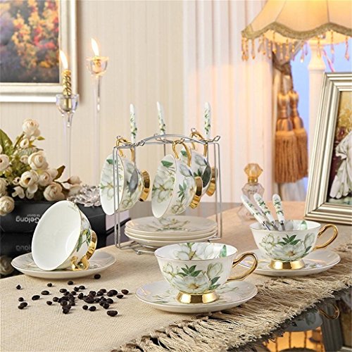 Juego de tazas de café y té con plato de porcelana china, color camelia, blanco y verde, Porcelana de ceniza de hueso, 6 Pcs with Gift Box,Coffee Cups, White&Green 6 Pcs