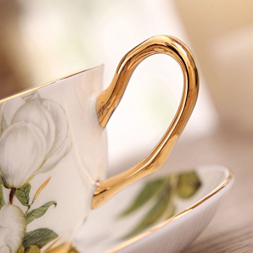 Juego de tazas de café y té con plato de porcelana china, color camelia, blanco y verde, Porcelana de ceniza de hueso, 6 Pcs with Gift Box,Coffee Cups, White&Green 6 Pcs