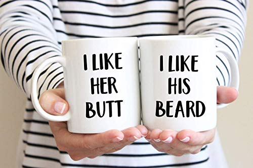 Juego de tazas, regalo para parejas, juego de tazas I Like Her Butt I Like His Barba, regalo de aniversario, regalo para novio, regalo para novia, día de San Valentín, taza de té de 11 oz, juego de 2
