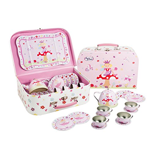 Juego de té de juguete de estaño y maletín con motivos de hadas de Lucy Locket - Vajilla infantil de 14 piezas de color rosa
