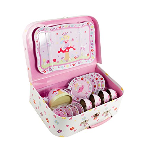 Juego de té de juguete de estaño y maletín con motivos de hadas de Lucy Locket - Vajilla infantil de 14 piezas de color rosa