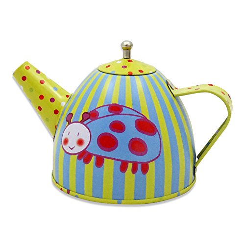 Juego de té de juguete en maletín de color verde, azul, amarillo y rojo con dibujos de bichitos - Vajilla infantil de estaño de 14 piezas