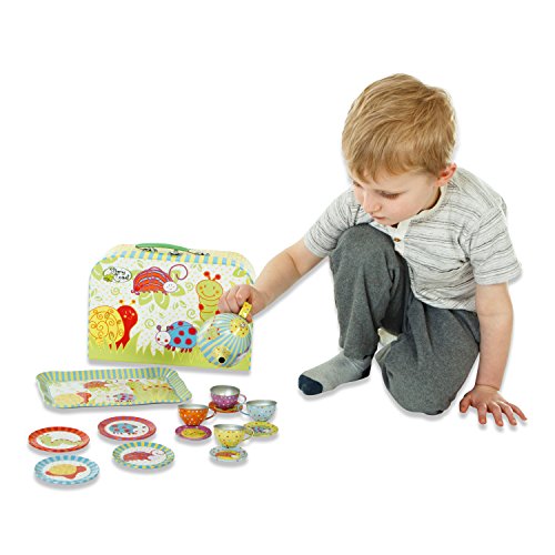 Juego de té de juguete en maletín de color verde, azul, amarillo y rojo con dibujos de bichitos - Vajilla infantil de estaño de 14 piezas