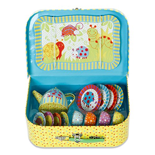 Juego de té de juguete en maletín de color verde, azul, amarillo y rojo con dibujos de bichitos - Vajilla infantil de estaño de 14 piezas