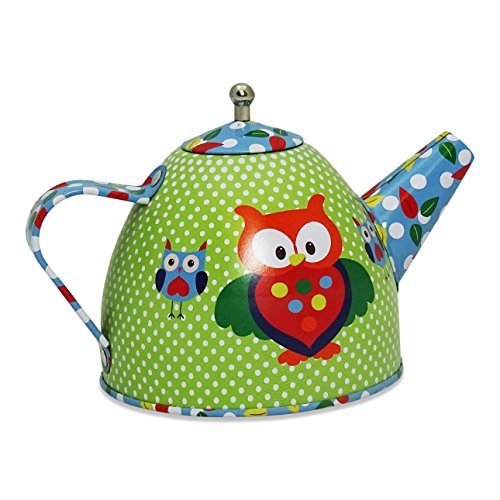 Juego de té de juguete y maletín con motivos de animales del bosque de color rojo, azul y verde - Vajilla infantil de estaño de 14 piezas