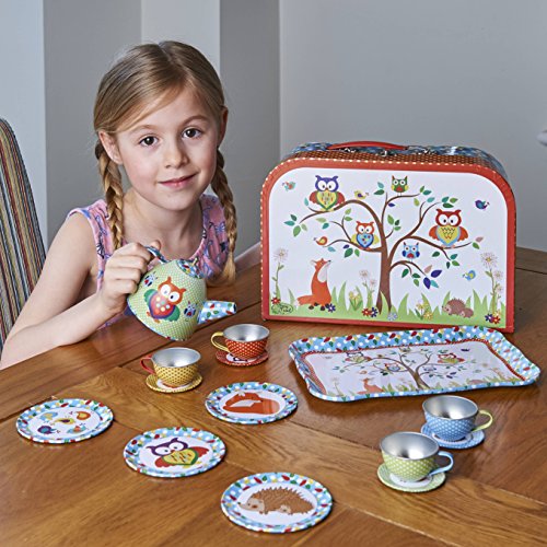 Juego de té de juguete y maletín con motivos de animales del bosque de color rojo, azul y verde - Vajilla infantil de estaño de 14 piezas