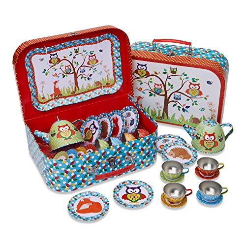 Juego de té de juguete y maletín con motivos de animales del bosque de color rojo, azul y verde - Vajilla infantil de estaño de 14 piezas