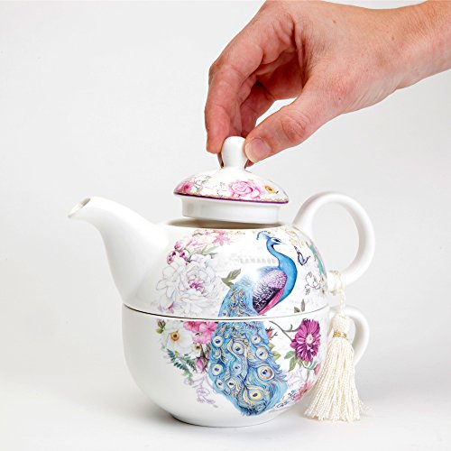 Juego de tetera y tazas, diseño de pavo real con borla delicada en el mango de la tetera, incluye caja de regalo decorativa