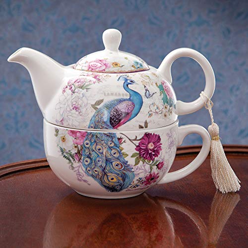 Juego de tetera y tazas, diseño de pavo real con borla delicada en el mango de la tetera, incluye caja de regalo decorativa