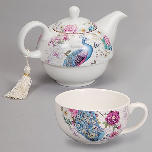 Juego de tetera y tazas, diseño de pavo real con borla delicada en el mango de la tetera, incluye caja de regalo decorativa
