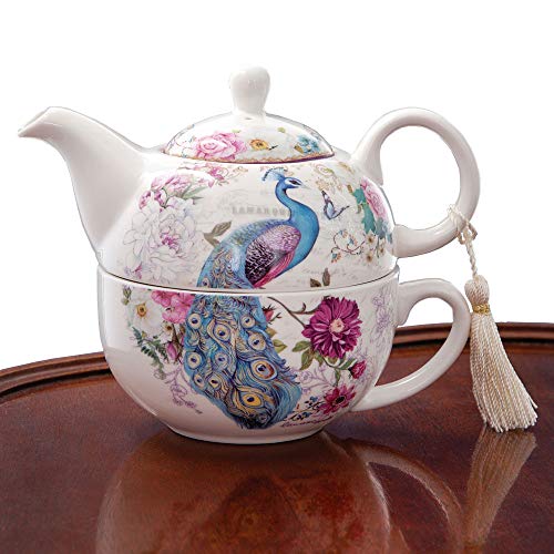 Juego de tetera y tazas, diseño de pavo real con borla delicada en el mango de la tetera, incluye caja de regalo decorativa