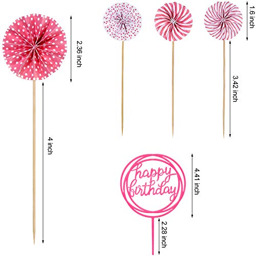 Juego de Topper de Pastel de Happy Birthday Topper de Magdalena de Acrílico de Globo de Confeti Abanico de Papel para Decoración de Pastel de Cumpleaños (Rosa)
