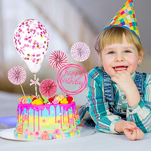 Juego de Topper de Pastel de Happy Birthday Topper de Magdalena de Acrílico de Globo de Confeti Abanico de Papel para Decoración de Pastel de Cumpleaños (Rosa)