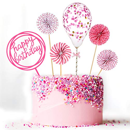 Juego de Topper de Pastel de Happy Birthday Topper de Magdalena de Acrílico de Globo de Confeti Abanico de Papel para Decoración de Pastel de Cumpleaños (Rosa)