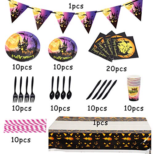 Juego de Vajilla de Halloween, BESTZY 92PCS Vajilla para Cumpleaños Diseño de Halloween con Banner, Vasos de Papel, Bandeja de Papel para Fiesta Halloween Decoraciones