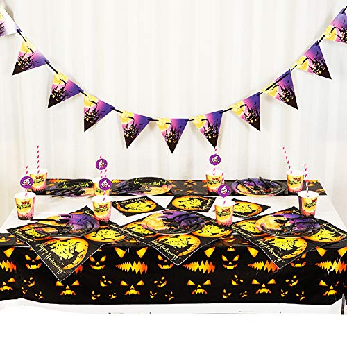 Juego de Vajilla de Halloween, BESTZY 92PCS Vajilla para Cumpleaños Diseño de Halloween con Banner, Vasos de Papel, Bandeja de Papel para Fiesta Halloween Decoraciones