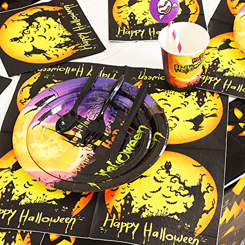 Juego de Vajilla de Halloween, BESTZY 92PCS Vajilla para Cumpleaños Diseño de Halloween con Banner, Vasos de Papel, Bandeja de Papel para Fiesta Halloween Decoraciones