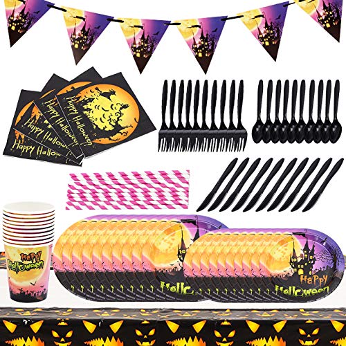 Juego de Vajilla de Halloween, BESTZY 92PCS Vajilla para Cumpleaños Diseño de Halloween con Banner, Vasos de Papel, Bandeja de Papel para Fiesta Halloween Decoraciones