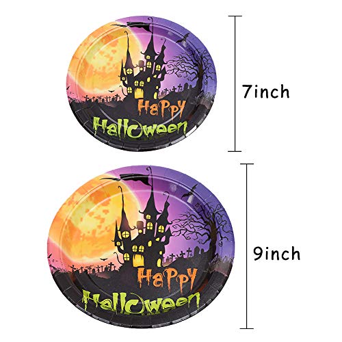 Juego de Vajilla de Halloween, BESTZY 92PCS Vajilla para Cumpleaños Diseño de Halloween con Banner, Vasos de Papel, Bandeja de Papel para Fiesta Halloween Decoraciones