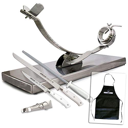 Juego jamonero balancín Giratorio Base INOX. Flores Cortés + Set 2 Cuchillos Riviera Blanc + chaira + Pinzas para jamón Arcos
