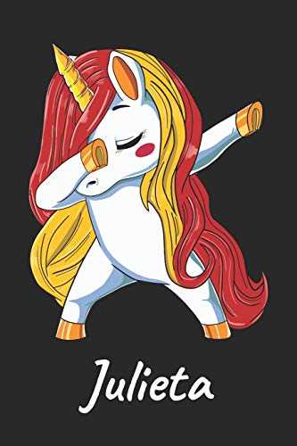 Julieta: Cuaderno de notas blanko para niña y mujer con nombre personalizado y diseño de kawaii cuaderno unicornio bailarin con pelo en los colores de ... universidad, regalo de cumpleaños y navidad.