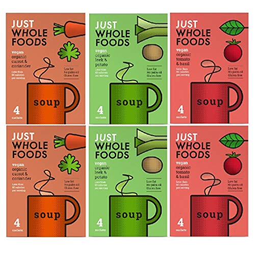 Just Wholefoods Sopa orgánica vegana - 68 g - Mezcla de 3 sabores (paquete de 6)