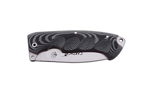 J&V Adventure Knives JV Navaja Cartago MICARTA Negra Funda Cordura para Caza, Pesca, Supervivencia y Bushcraft Realizado en Albacete + Portabotellas de regalo