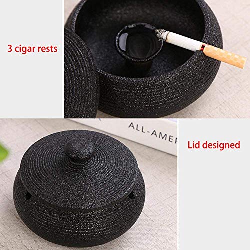 JYJYJ Cenicero para el Exterior con Tapa, de cerámica del Viento cenicero, para la Seguridad del cenicero de decoración de cerámica con Tapas, a Prueba de Viento, cenicero de Cigarrillo,Negro