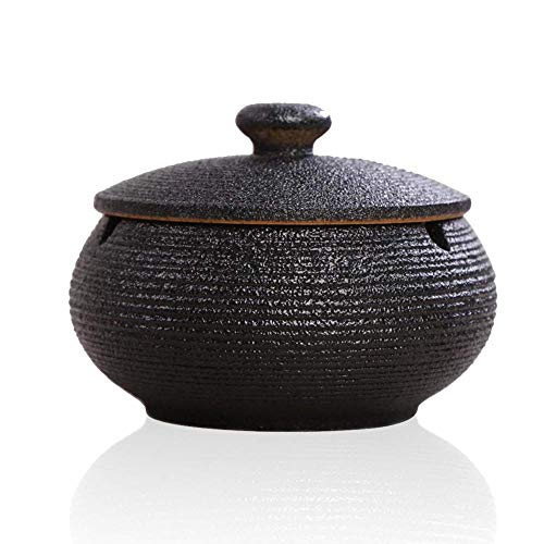 JYJYJ Cenicero para el Exterior con Tapa, de cerámica del Viento cenicero, para la Seguridad del cenicero de decoración de cerámica con Tapas, a Prueba de Viento, cenicero de Cigarrillo,Negro