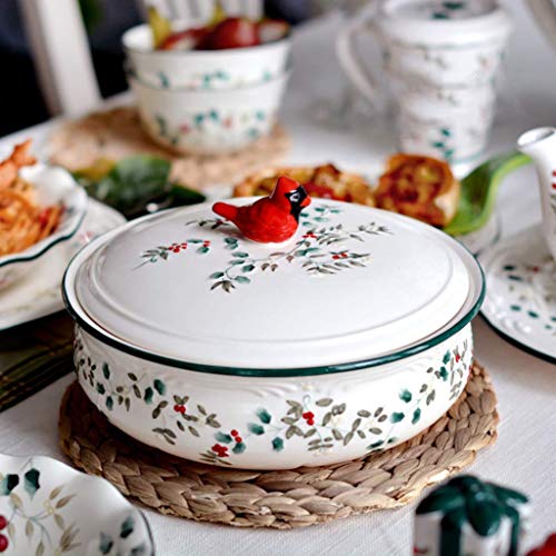 JY&WIN Cacerola Redonda de cerámica con Tapa, cazuela Cubierta Vintage, Cuenco de Sopa Pintado a Mano, Olla de Barro para estofado de Arcilla no Adhesiva, Poco Profunda Floral, Plato de Cocina para
