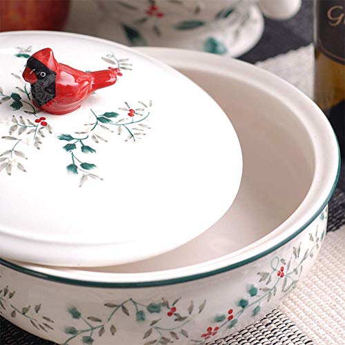 JY&WIN Cacerola Redonda de cerámica con Tapa, cazuela Cubierta Vintage, Cuenco de Sopa Pintado a Mano, Olla de Barro para estofado de Arcilla no Adhesiva, Poco Profunda Floral, Plato de Cocina para