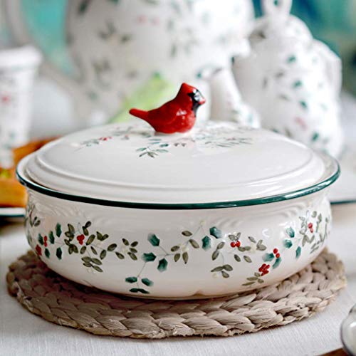 JY&WIN Cacerola Redonda de cerámica con Tapa, cazuela Cubierta Vintage, Cuenco de Sopa Pintado a Mano, Olla de Barro para estofado de Arcilla no Adhesiva, Poco Profunda Floral, Plato de Cocina para