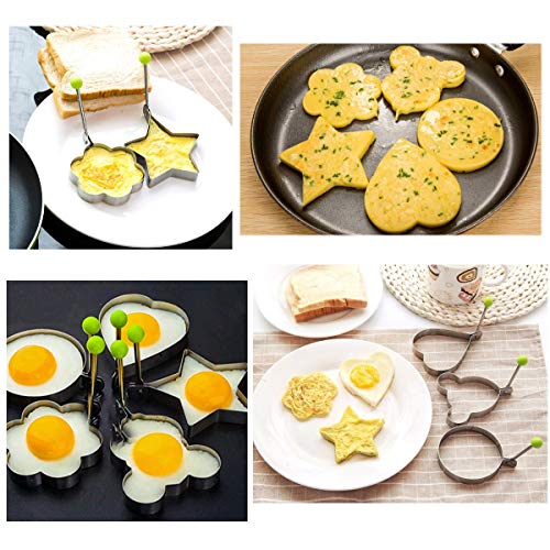 JZK 5 x Moldes de Huevo Frito para sartén con Cepillo Silicona, Molde modelar para Pasteles panqueques Galletas, moldes Anillo con Mango Acero Inoxidable para Huevo