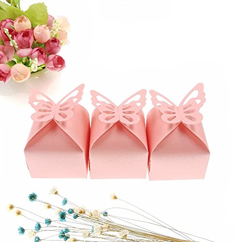 JZK 50 x Cajas de favor para el cumpleaños boda baby shower sagrada comunión fiesta graduación Navidad o varias ocasiones, ideal para dulces, chocolates, pequeños regalos y joyas (mariposa rosa perla)