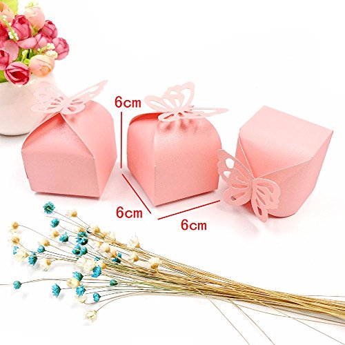 JZK 50 x Cajas de favor para el cumpleaños boda baby shower sagrada comunión fiesta graduación Navidad o varias ocasiones, ideal para dulces, chocolates, pequeños regalos y joyas (mariposa rosa perla)